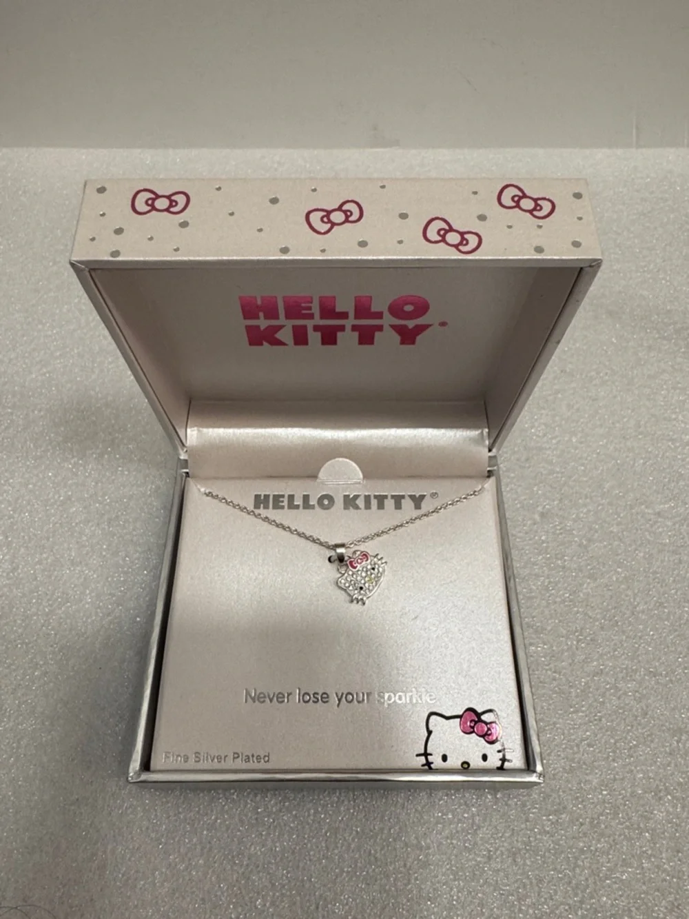 Hello Kitty Silver Pendant Necklace with Pink Bow Accent NIB
